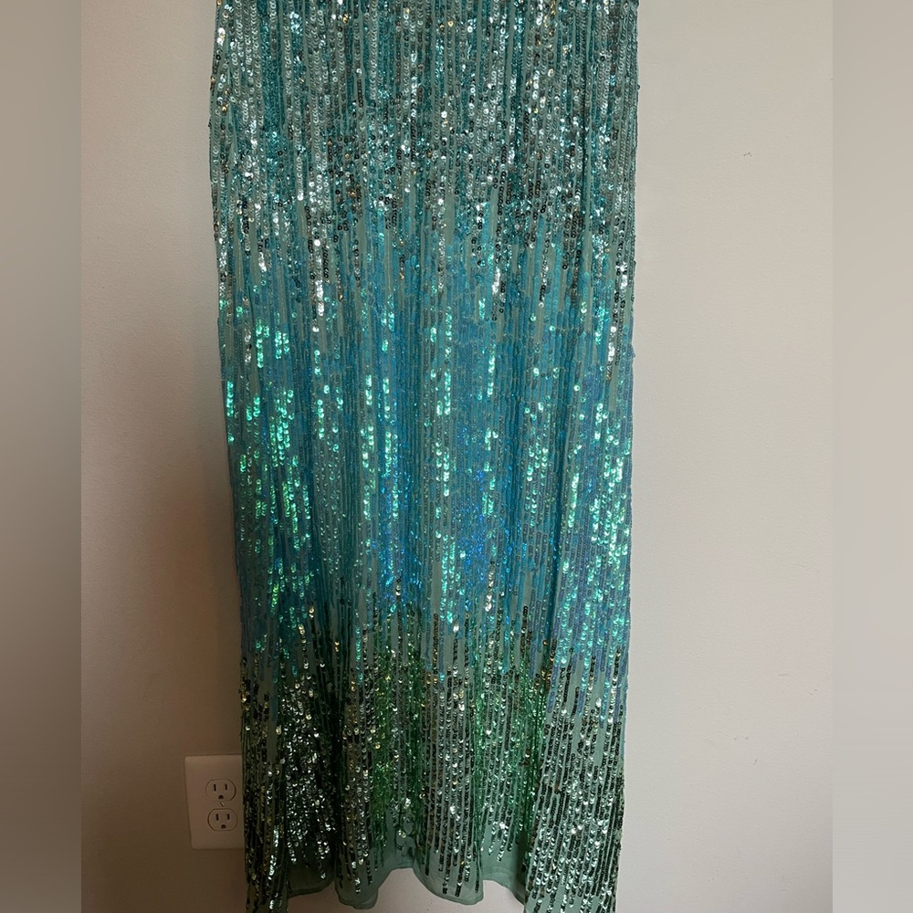 Rixo Sequin Ombré Aqua Turquoise Green Flutter Sleeve Midi Dress Gown - Picture 6 of 10